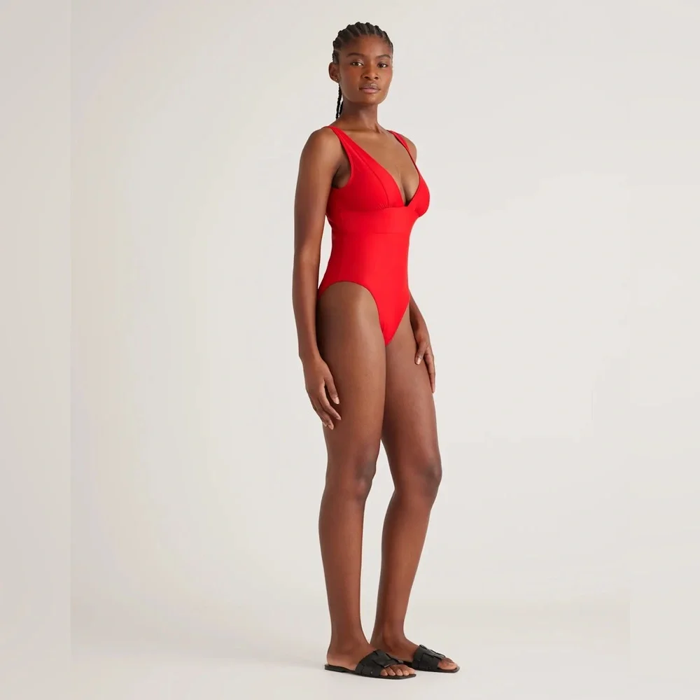 NWT Quince Cherry Red Women’s Italian Plunge One-Piece Swimsuit Sz XS S M L 🍒 - Picture 6 of 13